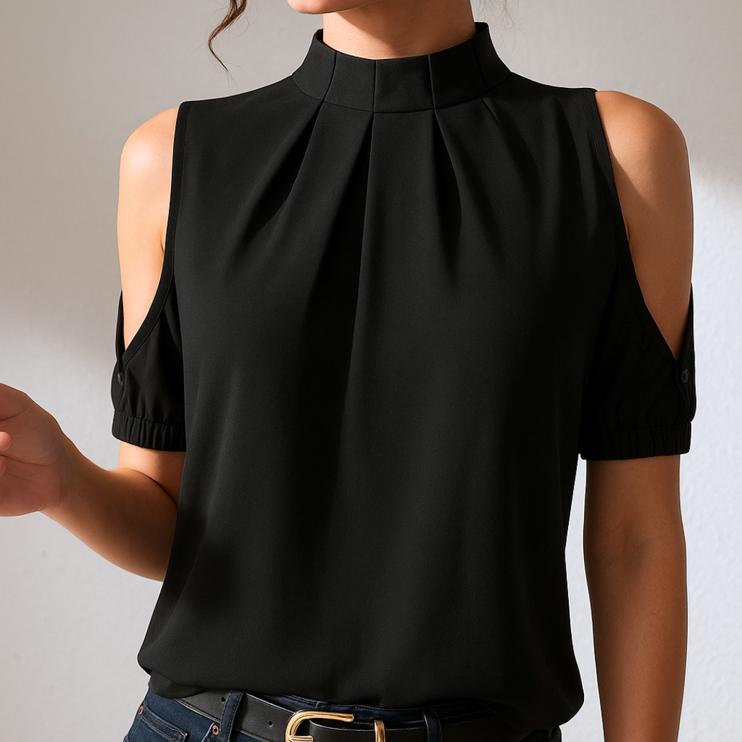 Blusa Prisca negra con mangas con abertura y plisadas