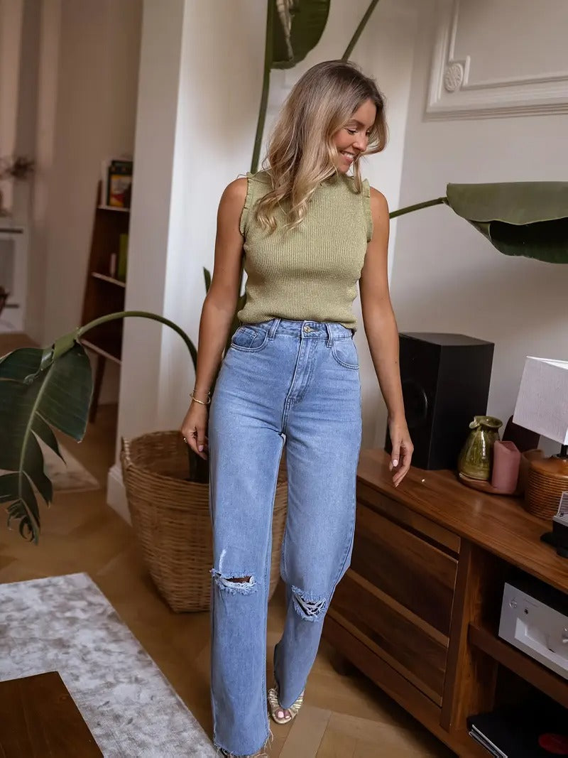 Evania – Elegante top con volantes y brillo